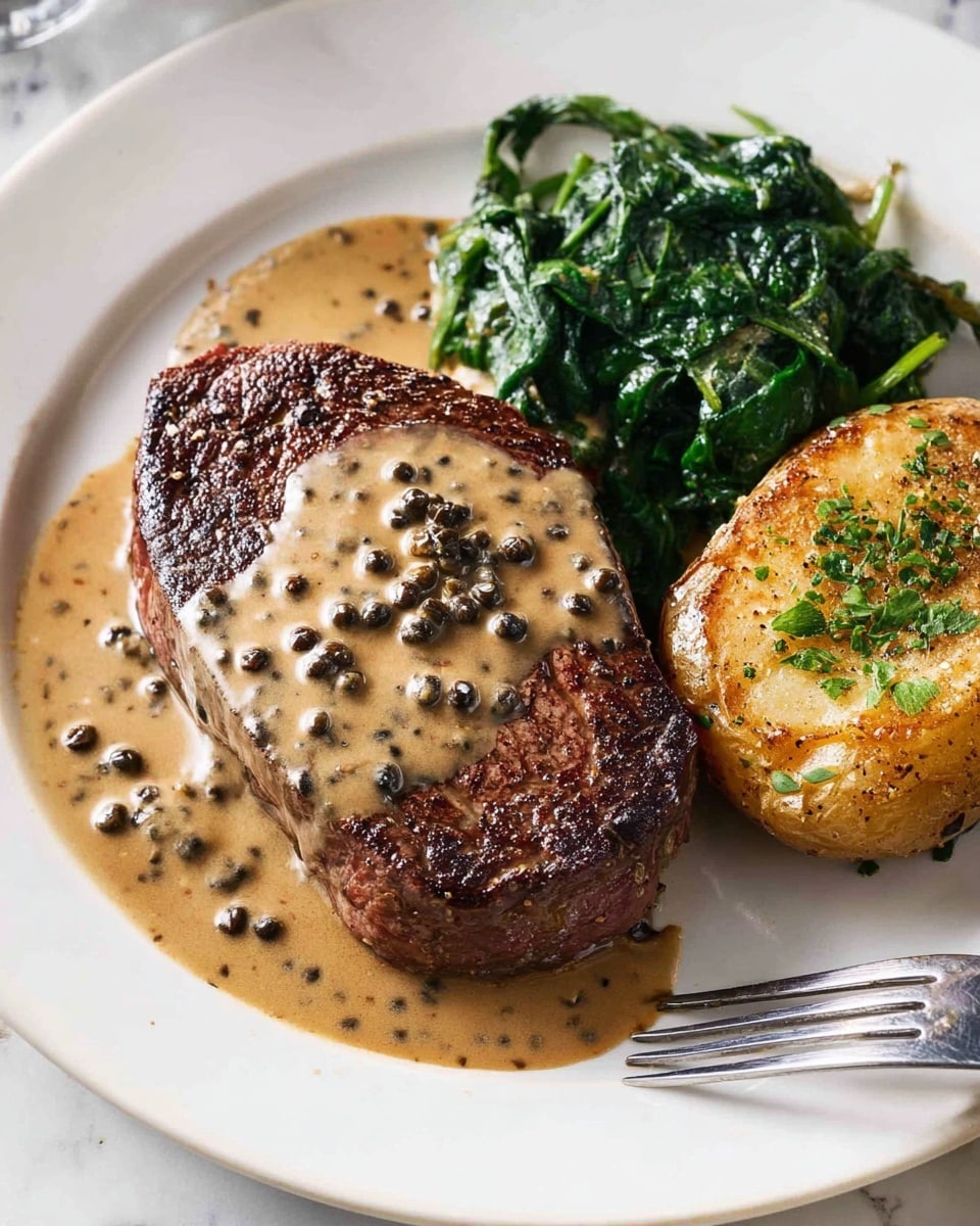 A thick, juicy steak with a dark brown seared crust is covered by a creamy, light brown peppercorn sauce with visible whole peppercorns, placed on the center-left of a round white plate. To the right of the steak, there is a portion of cooked dark green leafy vegetables with a slightly glossy texture. Below the greens, a golden-brown roasted potato with a crispy surface and sprinkled with green herbs rests on the plate. The plate sits on a white marbled surface, with a silver fork visible near the bottom edge. Photo taken with an iphone --ar 4:5 --v 7
