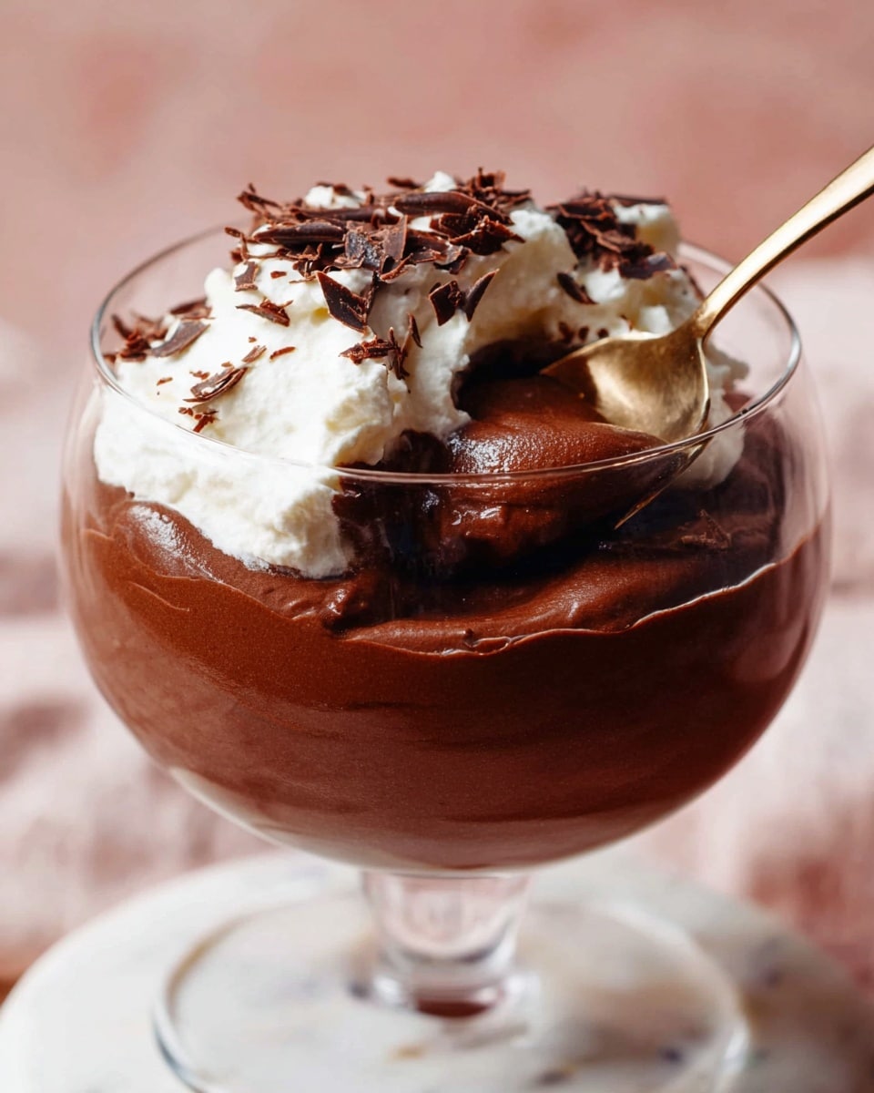 A clear glass dessert cup filled with two layers: the bottom layer is a thick, smooth, dark brown chocolate mousse with a creamy texture, and the top layer is a dollop of fluffy white whipped cream sprinkled with thin, dark chocolate shavings. A gold spoon rests inside the cup, scooping some of the chocolate mousse. The background has a soft pinkish tone and a white marbled surface is underneath. photo taken with an iphone --ar 4:5 --v 7