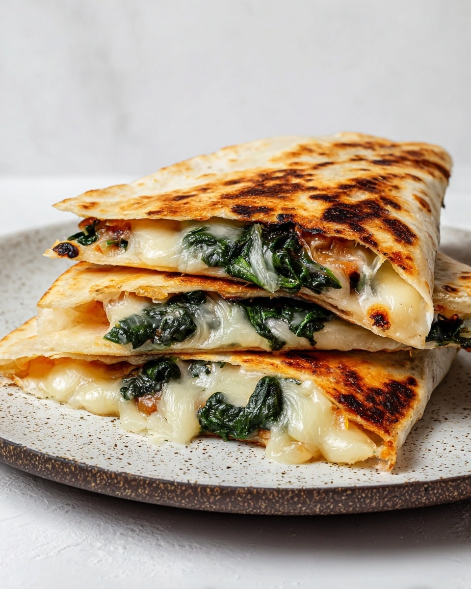 A stack of three grilled quesadilla slices sits on a white speckled plate, placed on a white marbled surface. Each slice shows two layers of thin, golden-brown tortilla with melted cheese bubbling and oozing along the edges. Inside, there are pieces of dark green cooked spinach evenly spread throughout the cheese. The edges of the tortillas are crispy and slightly darker with some charred spots, creating a crunchy texture that contrasts with the gooey cheese filling. The quesadilla slices are stacked so the top piece rests slightly angled, showing the layers clearly. Photo taken with an iphone --ar 4:5 --v 7