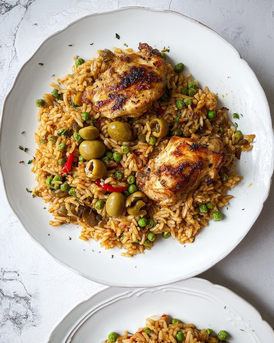 A large black pan filled with a mixed rice dish showing several layers: the base is light brown cooked rice, mixed with small green peas and round green olives scattered throughout, medium-sized pieces of grilled chicken with a light brown grilled texture are spread evenly, mixed with bright red bell pepper chunks and a few whole bay leaves resting on top. Next to the pan, a white bowl contains some rice with a wooden spoon resting inside, all set on a white marbled texture surface. Photo taken with an iphone --ar 4:5 --v 7