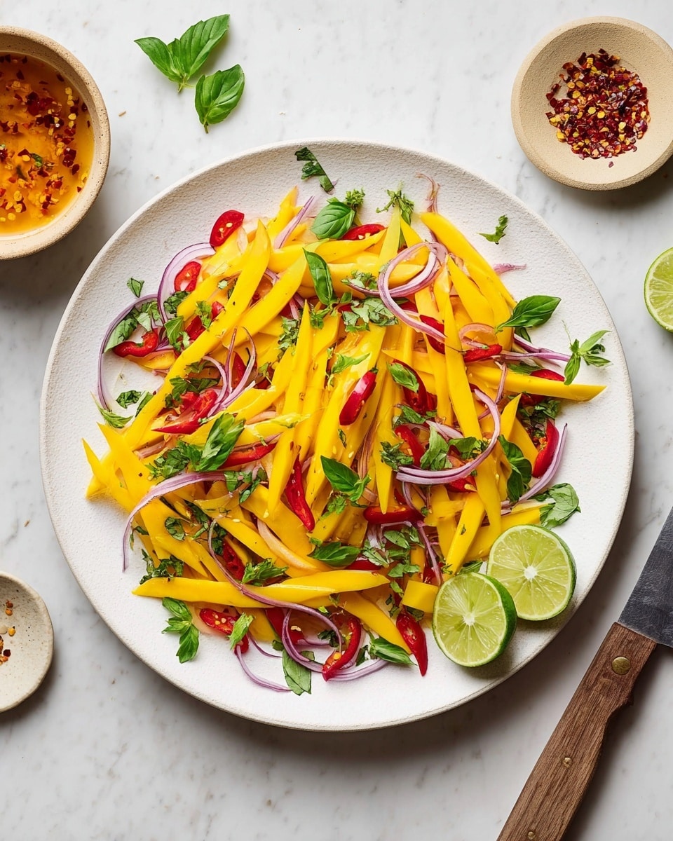 The image shows a white plate filled with a colorful mango salad. The bottom layer is made of bright yellow mango strips, laid out evenly across the plate. Mixed with the mango are thin red pepper slices and thin rings of purple onion, spread throughout the salad. Fresh green herbs like basil and cilantro leaves are scattered on top, adding pops of green. Two lime wedges are placed on the right side of the salad near the edge of the plate. Around the plate on a white marbled surface, there is a beige bowl with spicy dressing sprinkled with chili flakes and a small round dish containing more chili flakes. A knife with a wooden handle lies at the bottom right corner. photo taken with an iphone --ar 4:5 --v 7