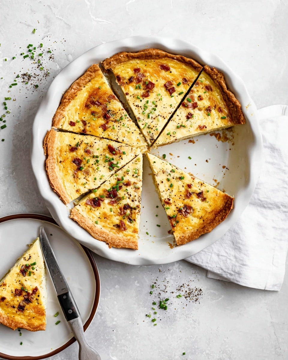 A white ceramic pie dish holds a quiche cut into four slices, with one missing slice replaced by a slice placed on a small white plate with a brown rim on the side. The quiche has a golden brown crust around the edges, and the filling is a light yellow with small scattered pieces of browned bacon and green chives on top. The top layer looks creamy and slightly browned, with visible black pepper sprinkled over it. A knife with a black handle lies inside the pie dish next to the quiche. Everything is placed on a white marbled surface with some scattered chives and pepper, and a white cloth napkin sits near the small plate. Photo taken with an iphone --ar 4:5 --v 7
