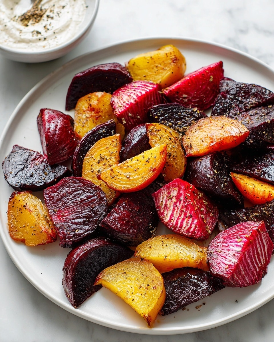 A white plate holds a mix of roasted beetroot pieces in three colors: deep purple, golden yellow, and red-pink with white stripes. The beetroot pieces are cut into uneven wedges and chunks, showing their roasted, slightly caramelized texture with darker browned edges and a shiny coating of oil or glaze. The colors are bright and rich, scattered evenly across the plate with visible seasoning like black pepper on some pieces. The plate is set on a white marbled surface with part of a white bowl containing a creamy dip sprinkled with pepper visible at the top left. Photo taken with an iphone --ar 4:5 --v 7