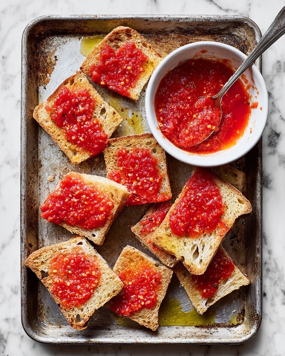 The image shows a tray with several square pieces of toasted bread, some spread with bright red, chunky tomato sauce and some left plain with a light drizzle of olive oil, all arranged loosely on a worn metal tray. A white bowl filled with extra tomato sauce sits at the top right of the tray, with a silver spoon resting next to it, partially coated with the sauce. The toasted bread has a rough texture with visible air holes, and the vibrant tomato sauce looks fresh with small bits and seeds. The background is a white marbled surface. photo taken with an iphone --ar 4:5 --v 7