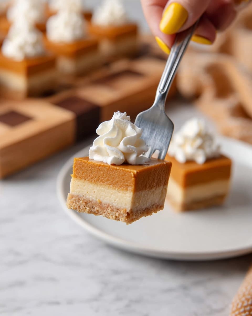 A silver fork held by a woman's hand with yellow nail polish lifts a small square piece of dessert with two layers: a thick, smooth orange-brown top layer and a light beige crust bottom layer. The dessert piece also has a small swirl of whipped cream on the fork. In the background, on a white plate resting on a white marbled surface, there is a larger square piece of the same dessert topped with a bigger swirl of white whipped cream. Further back, more squares of the dessert are placed on a wooden checkered board. Photo taken with an iphone --ar 4:5 --v 7