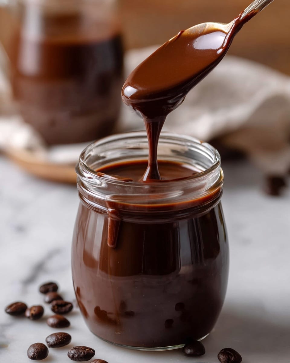 A clear glass jar filled with rich, smooth dark brown chocolate sauce sits on a white marbled surface, with a spoon dripping the glossy chocolate back into the jar. The chocolate has a thick, creamy texture with a shiny surface, and the spoon is held above the jar, showing a slow, flowing drip. Around the jar, scattered shiny coffee beans add a dark brown contrast against the light background. In the blurred background, there is another glass container also filled with chocolate sauce, creating depth in the image. photo taken with an iphone --ar 4:5 --v 7