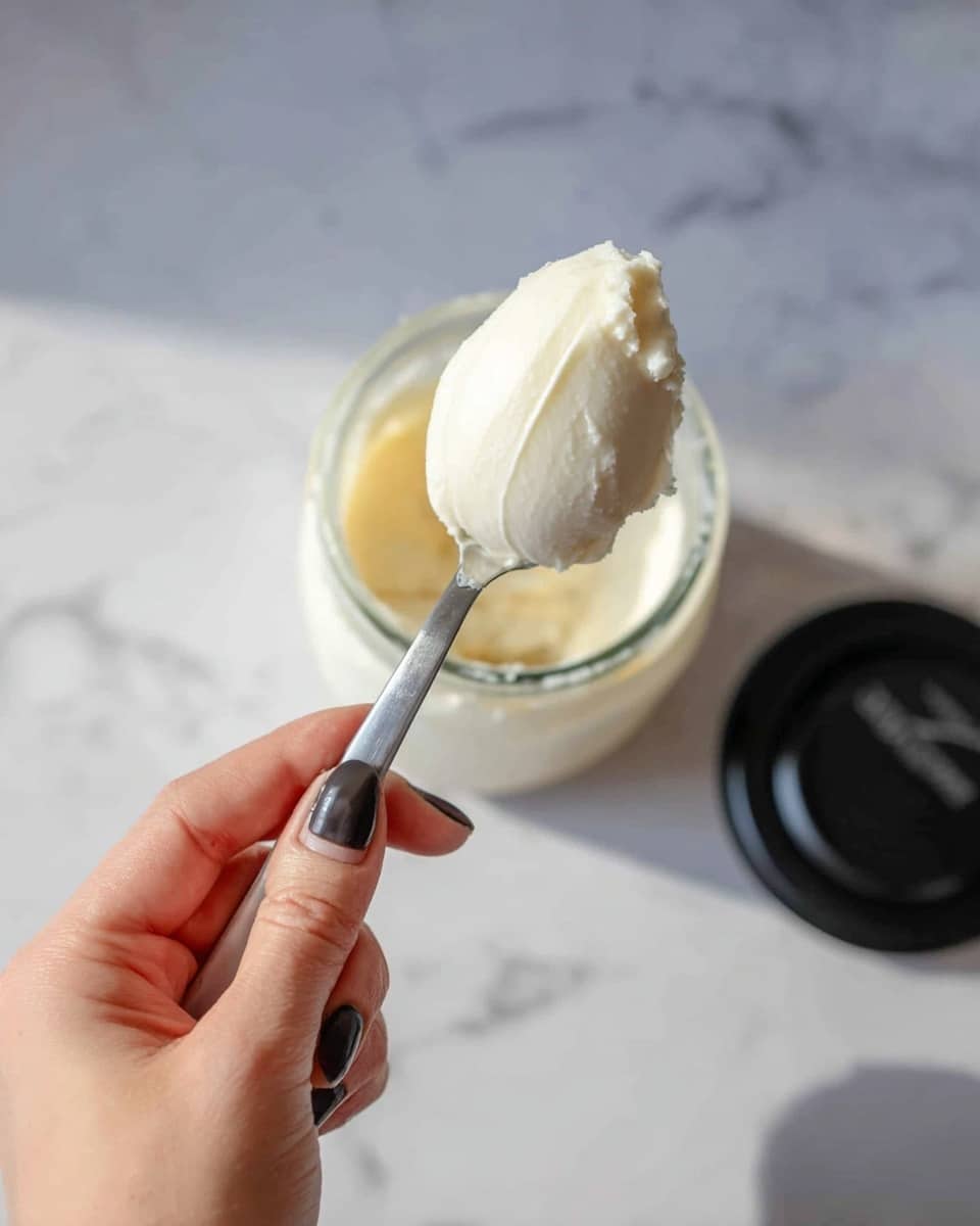 A close-up view of a woman's hand holding a spoon with a scoop of smooth, creamy white substance. The spoon is silver, and in the background, there is a clear glass container filled with the same white creamy texture, with its black lid lying nearby on a white marbled surface. The lighting highlights the soft, rich consistency of the cream. photo taken with an iphone --ar 4:5 --v 7