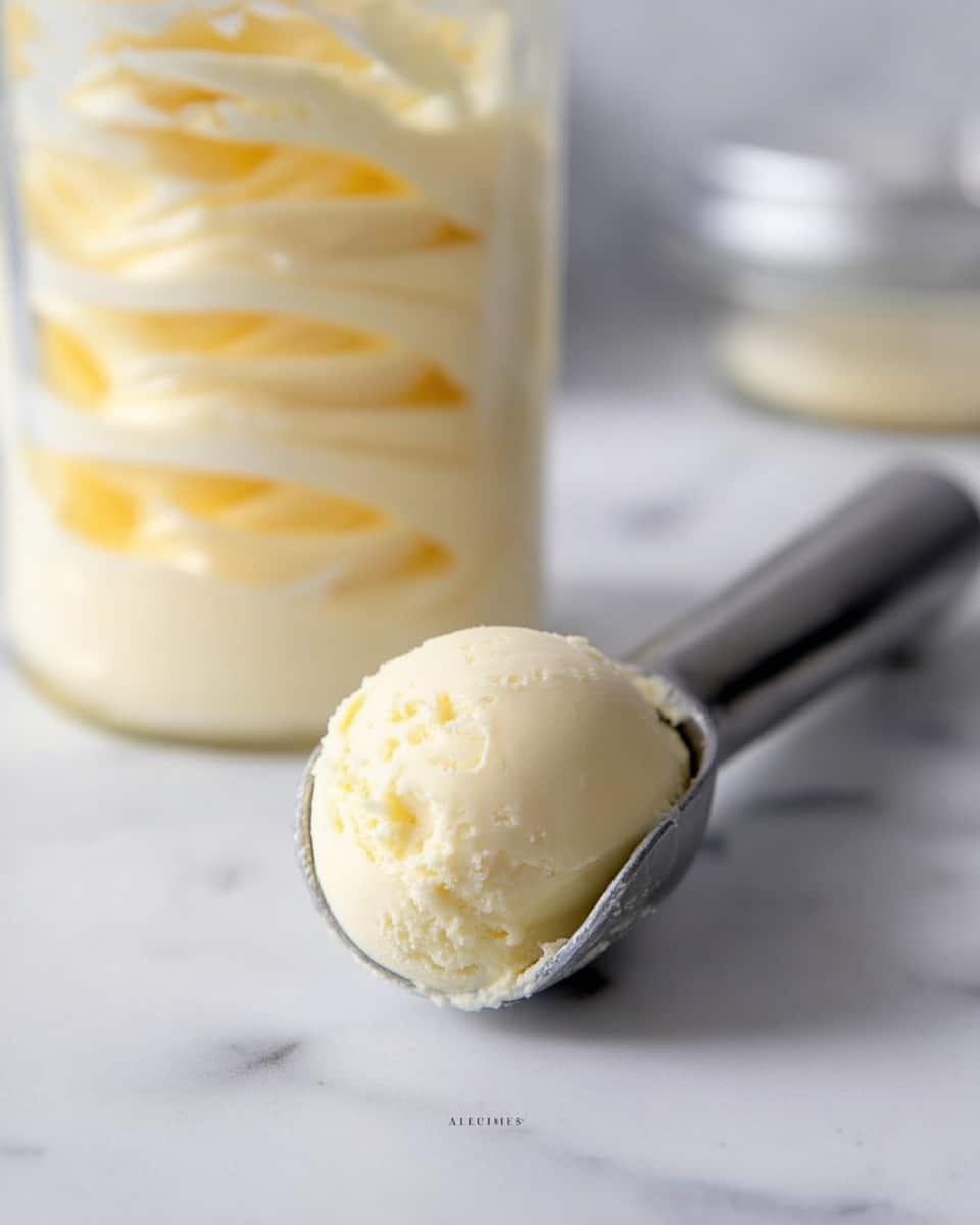 A smooth, round scoop of pale yellow butter with a soft, creamy texture sits in a silver ice cream scoop, placed on a white marbled surface. Behind the scoop is a partially visible glass jar filled with soft, swirled butter, showing layers of rich creaminess in light yellow and white shades. The background is softly blurred, keeping focus on the butter and scoop. photo taken with an iphone --ar 4:5 --v 7