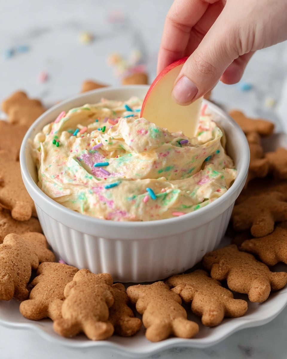A white scalloped bowl holds a creamy, light yellow dip with colorful rainbow sprinkles mixed in, showing small streaks of pink, green, and blue within the smooth texture. A woman's hand dips a fresh, crisp apple slice, pale yellow with a soft red edge, into the dip. Surrounding the bowl on a white scalloped plate are multiple small brown teddy bear-shaped cookies, adding a crunchy element to the scene. The background is a white marbled surface providing a clean and bright setting. photo taken with an iphone --ar 4:5 --v 7