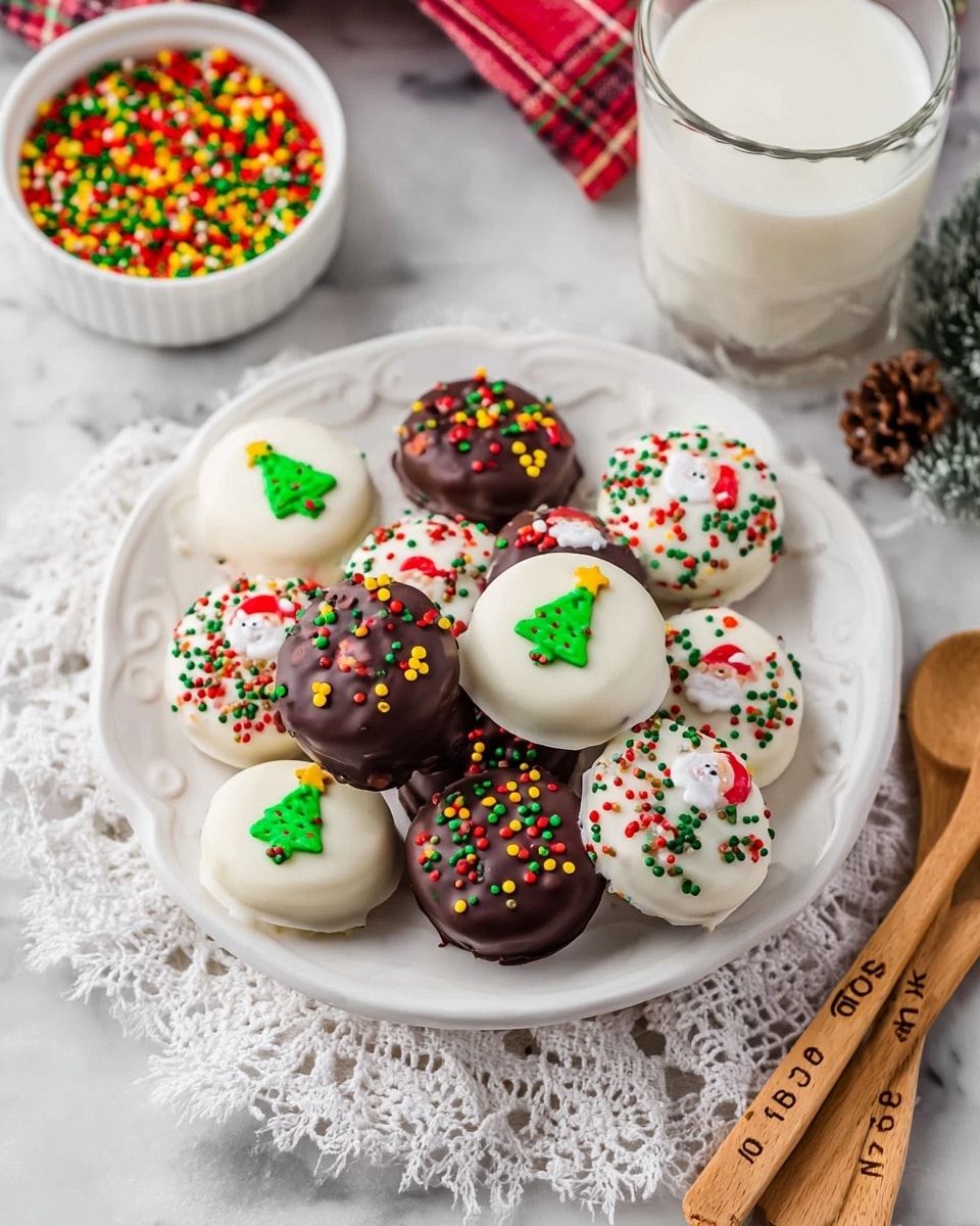 A small round chocolate candy with a smooth dark brown surface decorated with colorful sprinkles sits in a woman's hand. The candy has a detailed Santa Claus face in the center, showing a red hat with white trim, black eyes, an orange face, a red nose, and a fluffy white beard made of icing. Around the Santa face are green, red, and yellow sprinkles in different shapes including dots, lines, a tiny green Christmas tree, and a small red heart on the right edge. The background has blurred festive candies and the scene is set on a white marbled surface. photo taken with an iphone --ar 4:5 --v 7