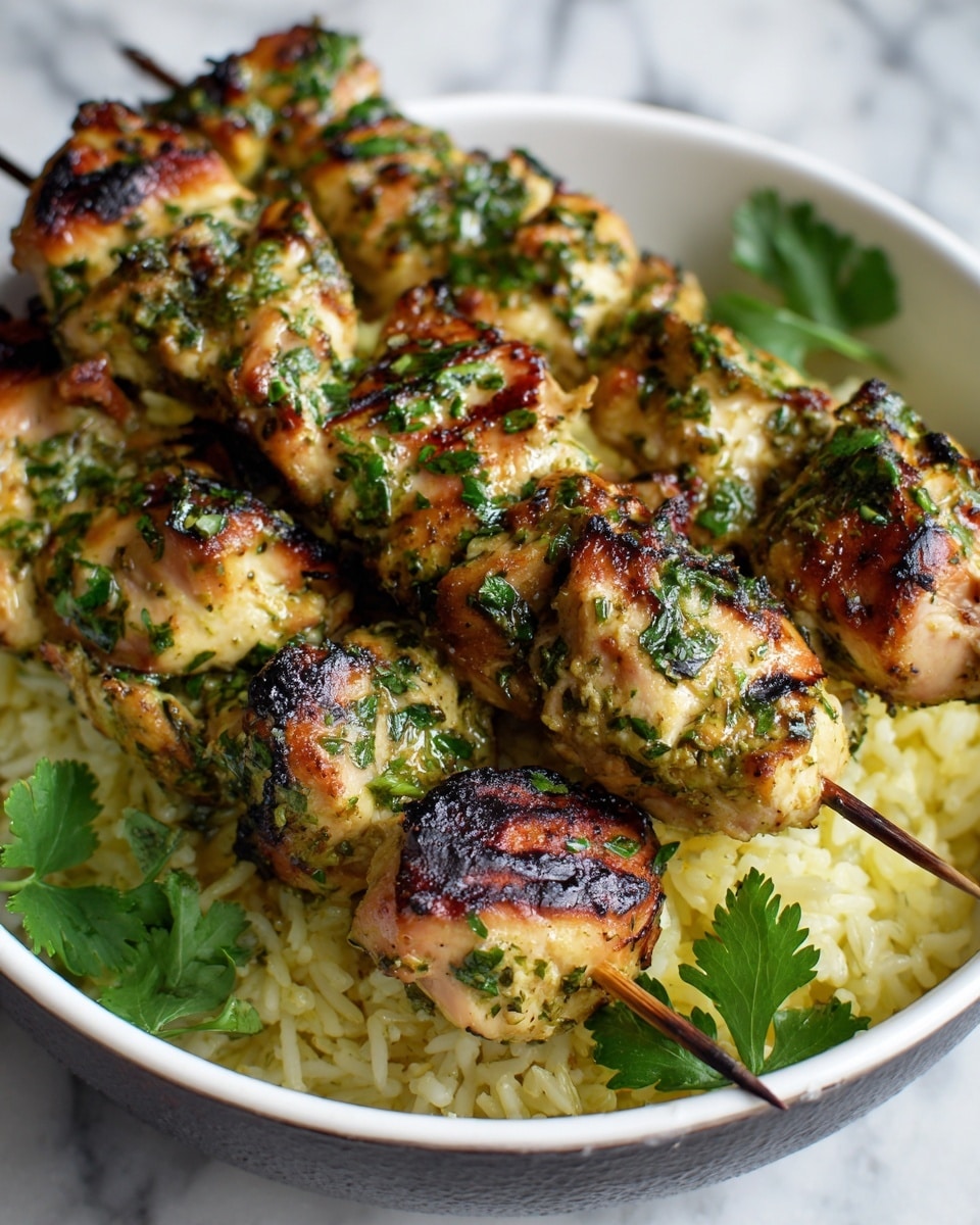 The image shows a close-up of grilled chicken skewers on a white bowl with a dark interior, placed on a white marbled surface. The chicken pieces are golden brown with char marks, covered in a green herb mix that looks like chopped cilantro. The skewers rest on a bed of yellowish rice, and fresh green cilantro leaves scatter around the bowl on the surface. photo taken with an iphone --ar 4:5 --v 7
