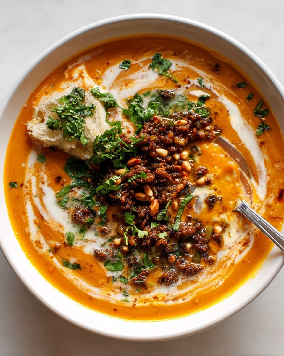 A white bowl holds a rich, orange creamy soup filling most of the space, with swirls of white cream mixed throughout the surface. On one side, a torn piece of soft beige bread topped with fresh green chopped herbs rests partially dipped in the soup. In the middle, there is a generous layer of dark browned minced meat mixed with small beige pine nuts and more green herbs, creating a textured, crumbly look. Thin, translucent rings of raw onion add light purple accents around the meat. A silver spoon is partially submerged on the right side, lightly stirring the soup. The bowl is set on a white marbled surface. photo taken with an iphone --ar 4:5 --v 7