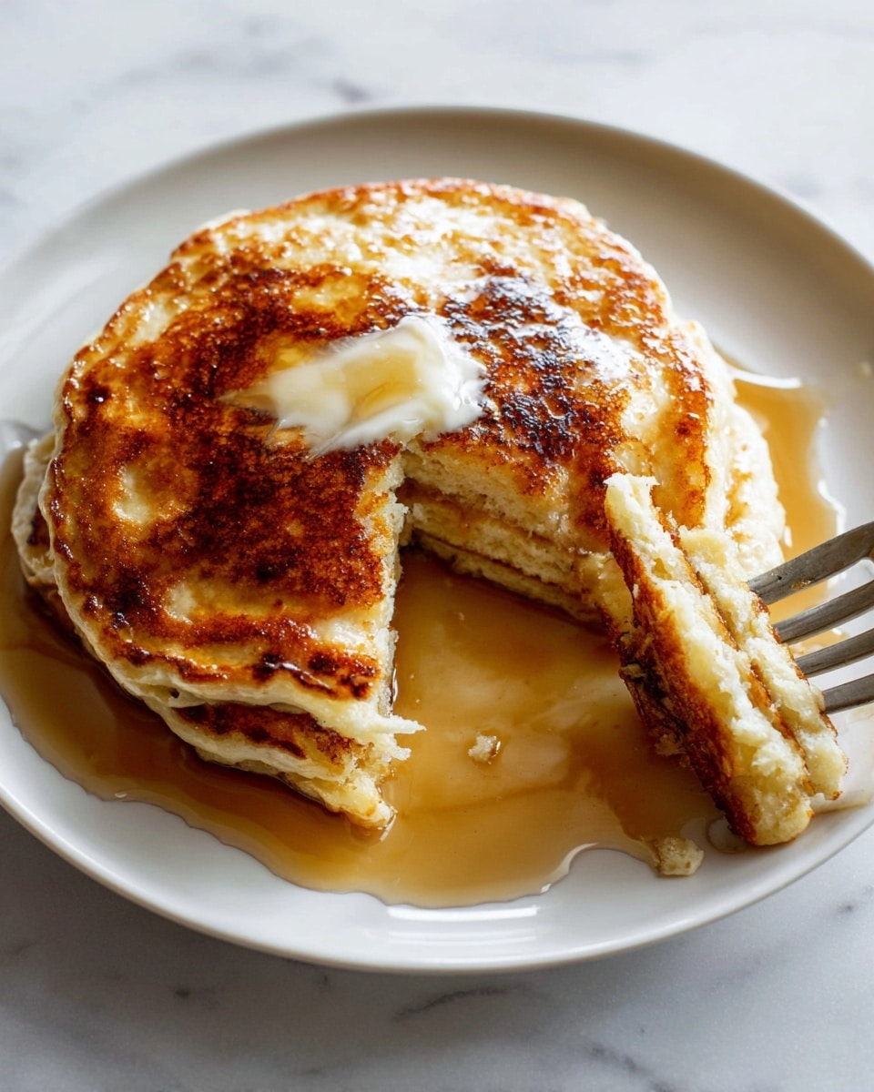 A stack of two golden brown pancakes with a slightly crispy texture on the top layer sits in the center of a white plate. A small dollop of melted butter rests on the top pancake, with light maple syrup drizzled around the plate and pooling slightly at the bottom. A fork is holding a cut triangle piece from the stack near the bottom right, showing the fluffy, soft interior of the pancake layers. The background features a white marbled texture. photo taken with an iphone --ar 4:5 --v 7