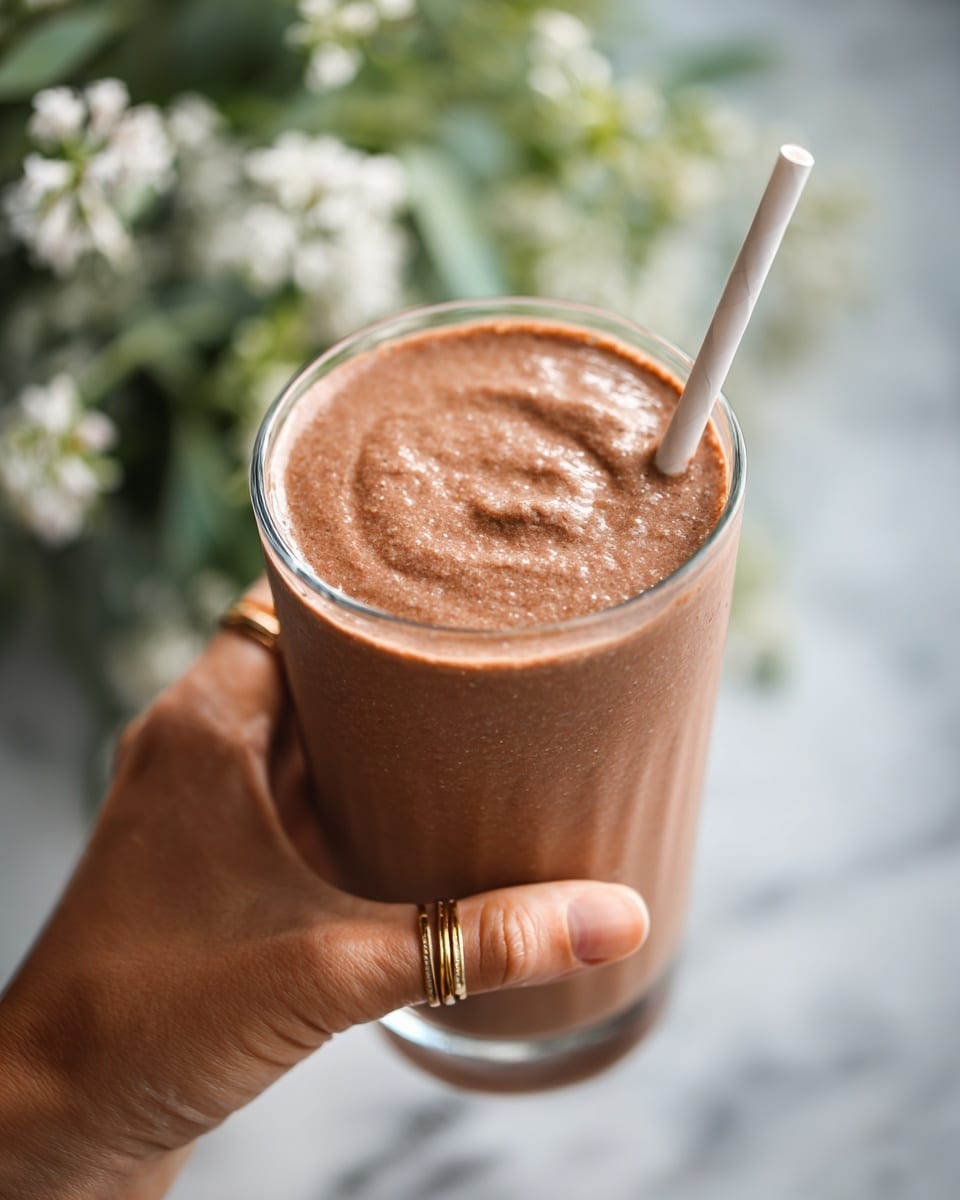 A close-up image of a clear glass filled to the top with a thick, creamy chocolate smoothie that has a smooth, slightly swirled texture on the surface. A white straw is inserted into the smoothie near the edge of the glass. The glass is held by a woman's hand adorned with two gold rings, with blurred green plants and white flowers in the soft-focus background. The photo is taken in natural light with a white marbled texture visible at the bottom edge. photo taken with an iphone --ar 4:5 --v 7