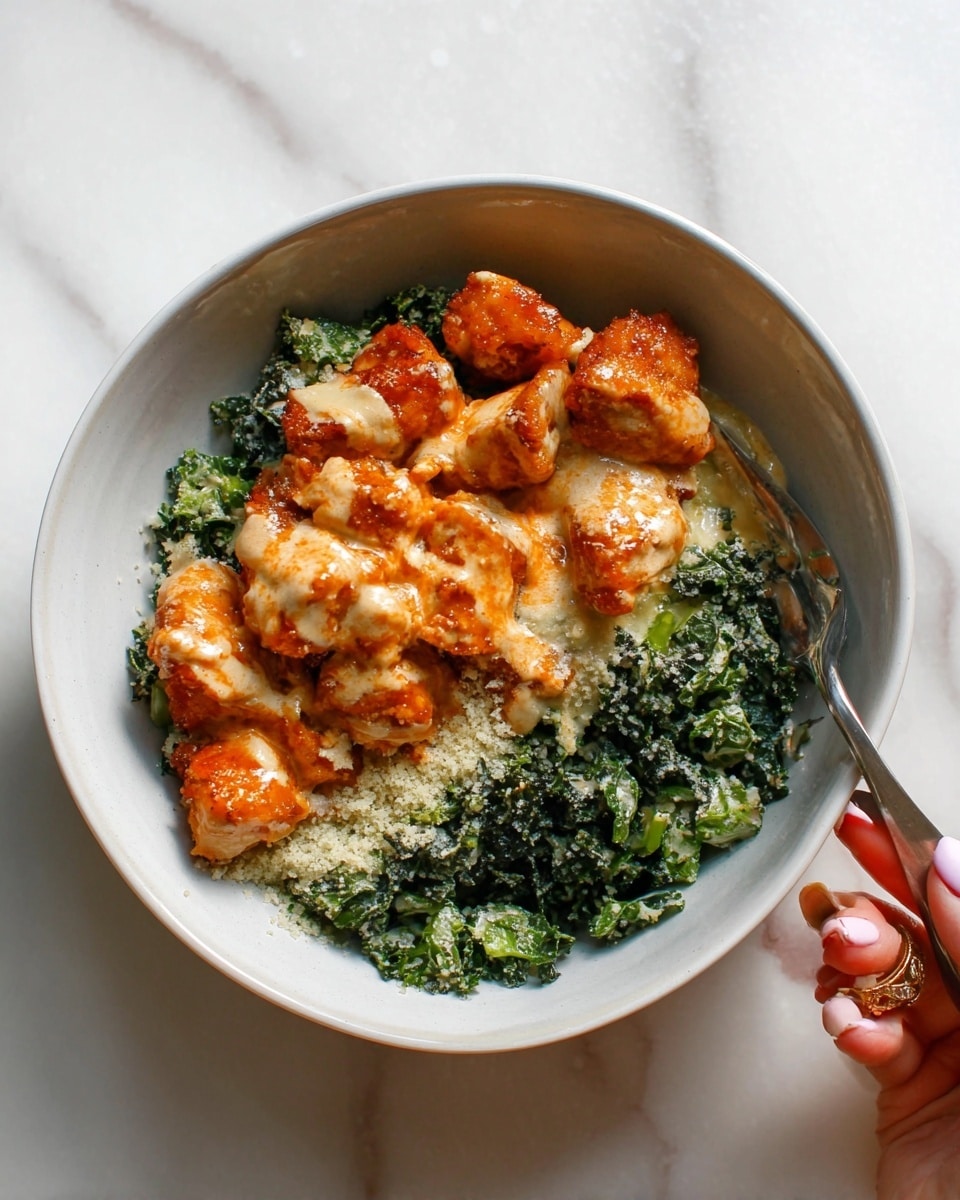 A white bowl holds a dish with three layers: the bottom layer is green leafy kale with a slightly creamy texture, the middle layer has a light grated topping that looks like cheese or a crumb, and the top layer features golden-brown fried chicken pieces covered with a rich, orange sauce and drizzled with a light cream or cheese sauce. A spoon rests on the right side inside the bowl, and a woman's hand with pale pink nail polish and a gold ring gently holds the bowl from the bottom right. The whole scene is set on a white marbled surface. photo taken with an iphone --ar 4:5 --v 7
