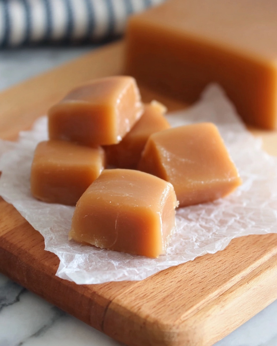 The image shows five soft, square caramel pieces with smooth, shiny surfaces and a light brown color, resting on a crinkled white paper on a light wooden cutting board. In the background, a larger caramel block of the same color and texture is visible, slightly out of focus. The setting is on a white marbled surface. photo taken with an iphone --ar 4:5 --v 7