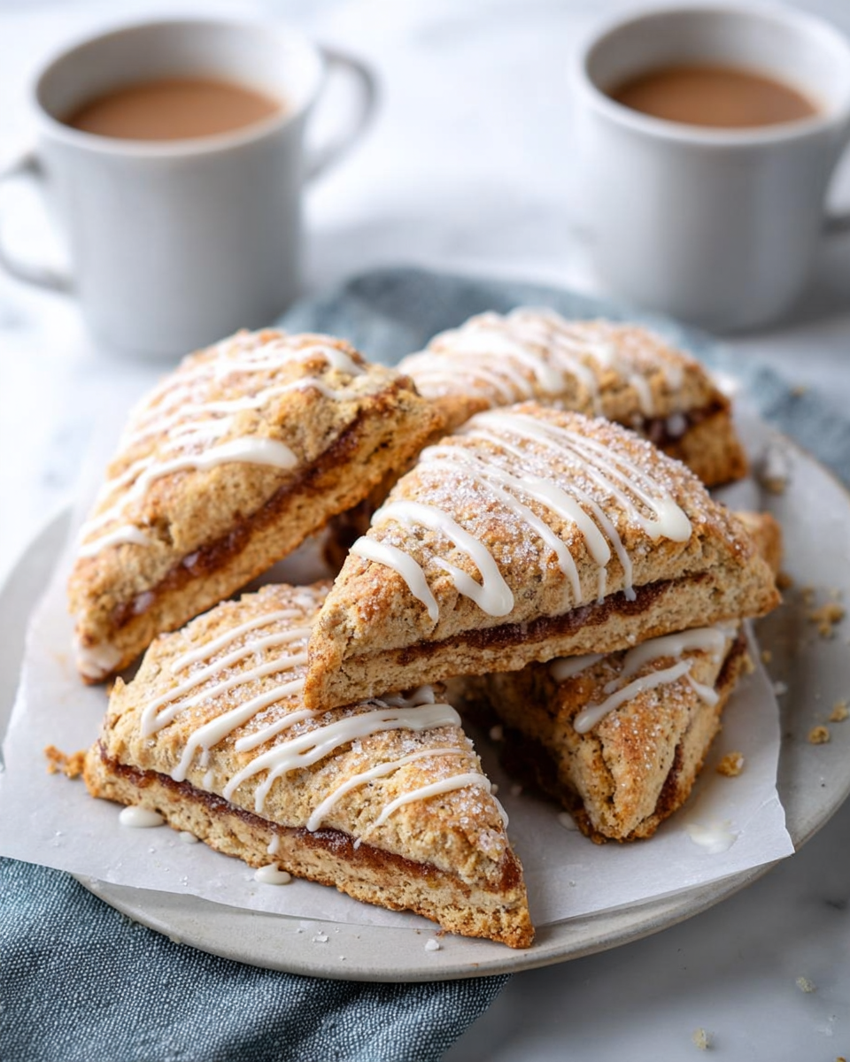 The image shows a white plate with five triangular scones stacked on parchment paper. Each scone is golden brown with a visible middle layer of cinnamon filling that is darker brown. On top of the scones, there are thin white icing drizzles running diagonally. The texture of the scones looks crumbly and soft with some sugar sprinkled on top giving a slightly grainy appearance. In the background, there are two white cups with coffee and a blue-gray cloth on a white marbled surface. photo taken with an iphone --ar 4:5 --v 7