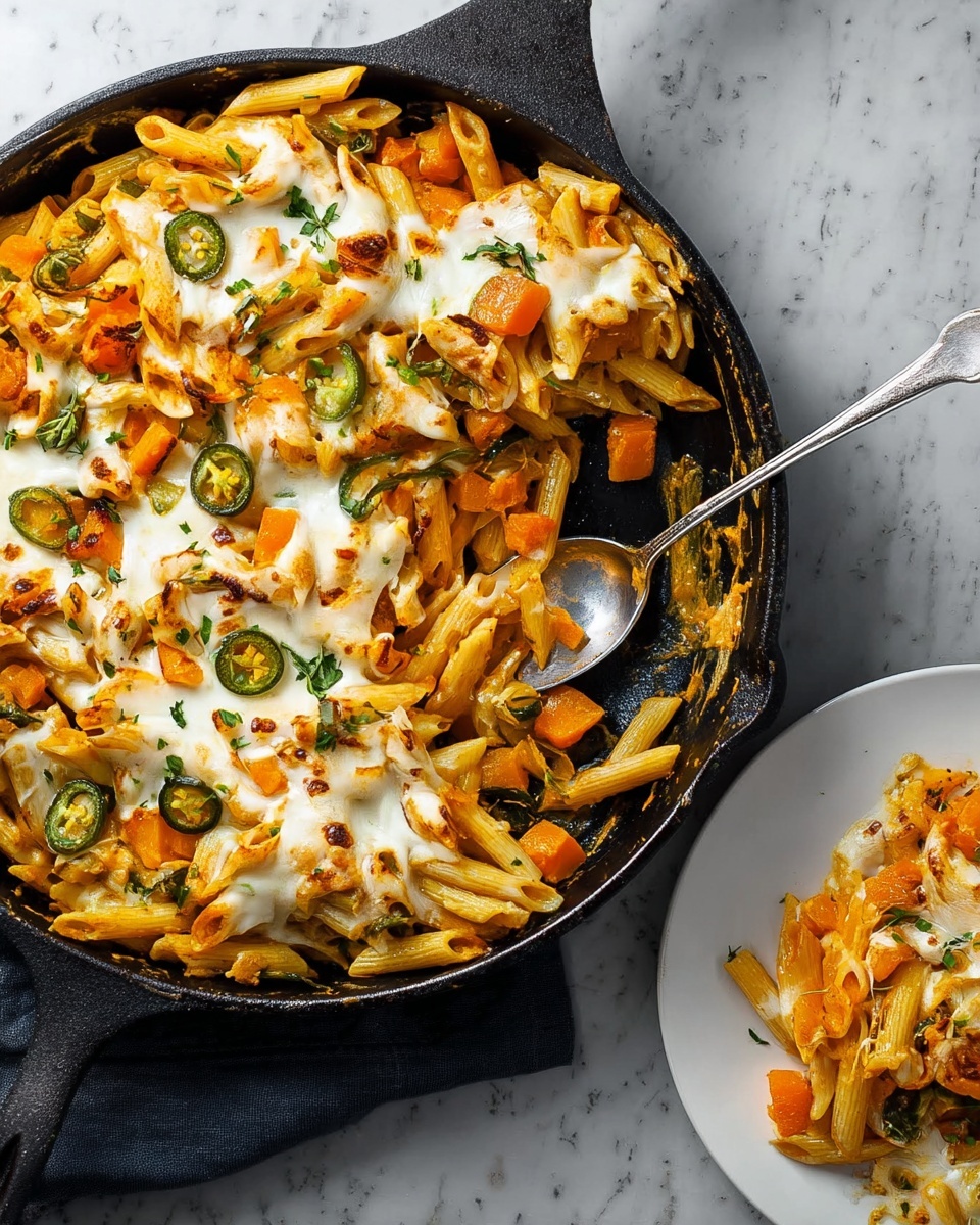 The image shows a black cast iron pan filled with baked pasta, mainly yellow penne mixed with chunks of orange butternut squash. The pasta is topped with melted white cheese that has browned spots, scattered green jalapeño slices, and small bits of green herbs. A silver spoon rests on the edge of the pan, and on the right side, there is a white plate with a serving of the pasta, showing the same layers and toppings. The background is a white marbled texture. photo taken with an iphone --ar 4:5 --v 7