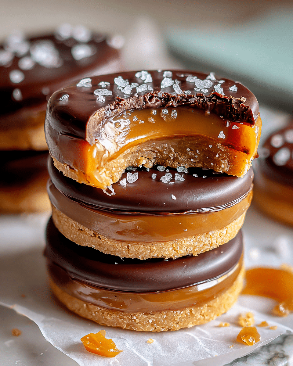 A close-up of three stacked round treats with three clear layers each: a bottom light brown crunchy base, a middle sticky golden caramel layer, and a top smooth dark chocolate layer sprinkled with large salt crystals. The top treat has a bite taken from the side showing the thick caramel and chocolate textures. The treats sit on white parchment over a white marbled surface with scattered caramel crumbs and salt pieces. The lighting highlights the glossy shine on the chocolate and the rough texture of the caramel photo taken with an iphone --ar 4:5 --v 7