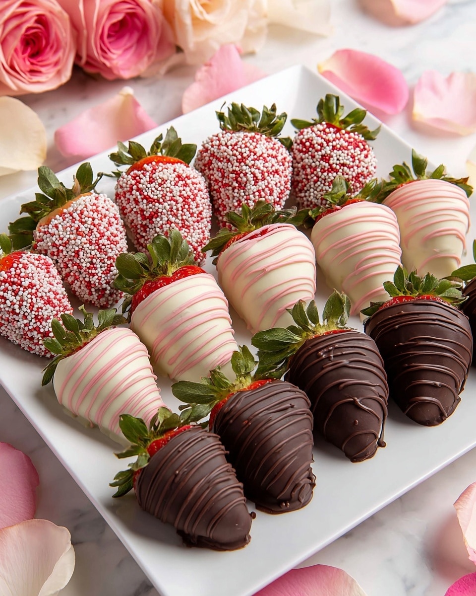 A white square plate holds three rows of chocolate-covered strawberries arranged neatly; the back row has strawberries coated in white chocolate covered with small red and white round sprinkles, the middle row features strawberries coated in milk chocolate with light pink chocolate drizzles, and the front row shows strawberries fully coated in dark chocolate with a fine dark chocolate drizzle pattern. Each strawberry has a green leafy top, and the plate is placed on a white marbled surface with soft pink and white rose petals around it. photo taken with an iphone --ar 4:5 --v 7