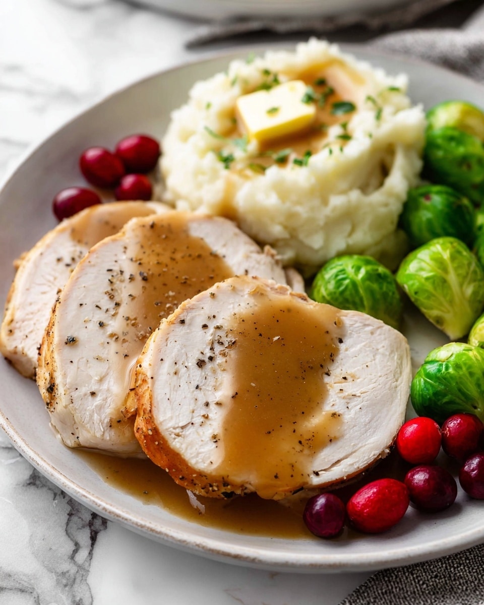 The image shows a white plate with three thick slices of cooked turkey breast arranged in the center, each slice covered with a smooth brown gravy that lightly glistens, with some black pepper sprinkled on top. To the upper right of the turkey, there is a soft mound of mashed potatoes with a small pat of melting butter and finely chopped herbs. At the back of the plate are several bright green Brussels sprouts, halved and showing their leafy texture. Scattered bright red cranberries sit around the left side of the plate, adding a contrasting pop of color. The whole plate sits on a white marbled surface with a soft natural light. photo taken with an iphone --ar 4:5 --v 7