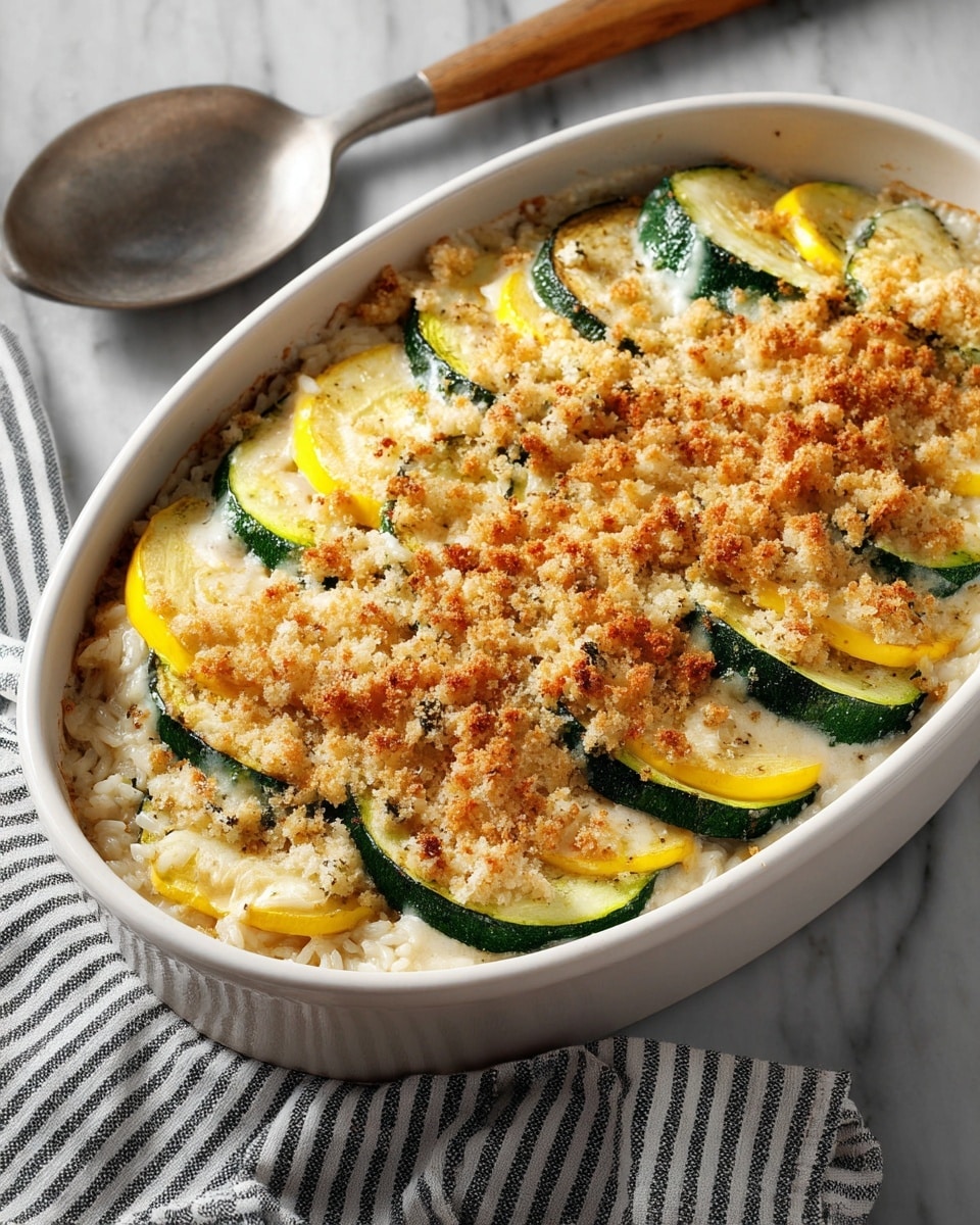 The dish is shown in a gray oval baking dish sitting on a white marbled surface with a gray and white striped cloth nearby. It has about three visible layers: the top layer is a golden-brown crispy breadcrumb and melted cheese crust with uneven patches of deeper browning, the middle layer shows soft cooked green and yellow zucchini rounds mixed with a creamy sauce, and the bottom layer is mostly covered but looks creamy with bits of zucchini peeking through. A serving spoon rests beside the dish on a light wood board. photo taken with an iphone --ar 4:5 --v 7