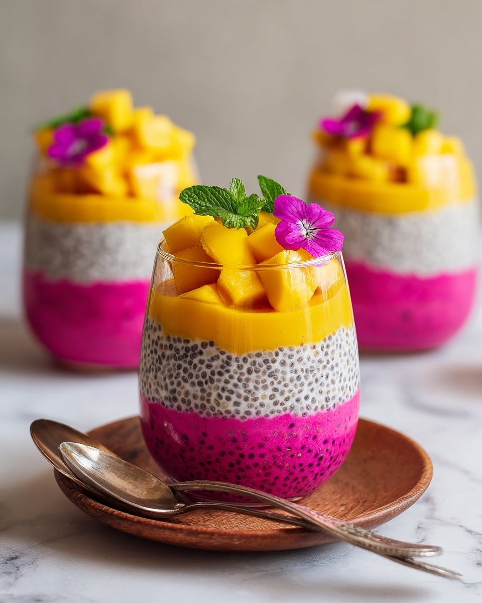 The image shows three clear glasses each filled with five colorful layers of chia pudding and fruit puree, placed on a white marbled surface. The bottom layer is bright pink with black seeds, followed by a white chia seed layer with visible seeds, a smooth yellow mango puree, and another textured bright pink layer with black seeds. At the top, there are chunky yellow mango pieces garnished with green mint leaves and a small purple flower. The glass in front sits on a round wooden plate with two spoons beside it. The background is softly blurred with two more glasses visible photo taken with an iphone --ar 4:5 --v 7