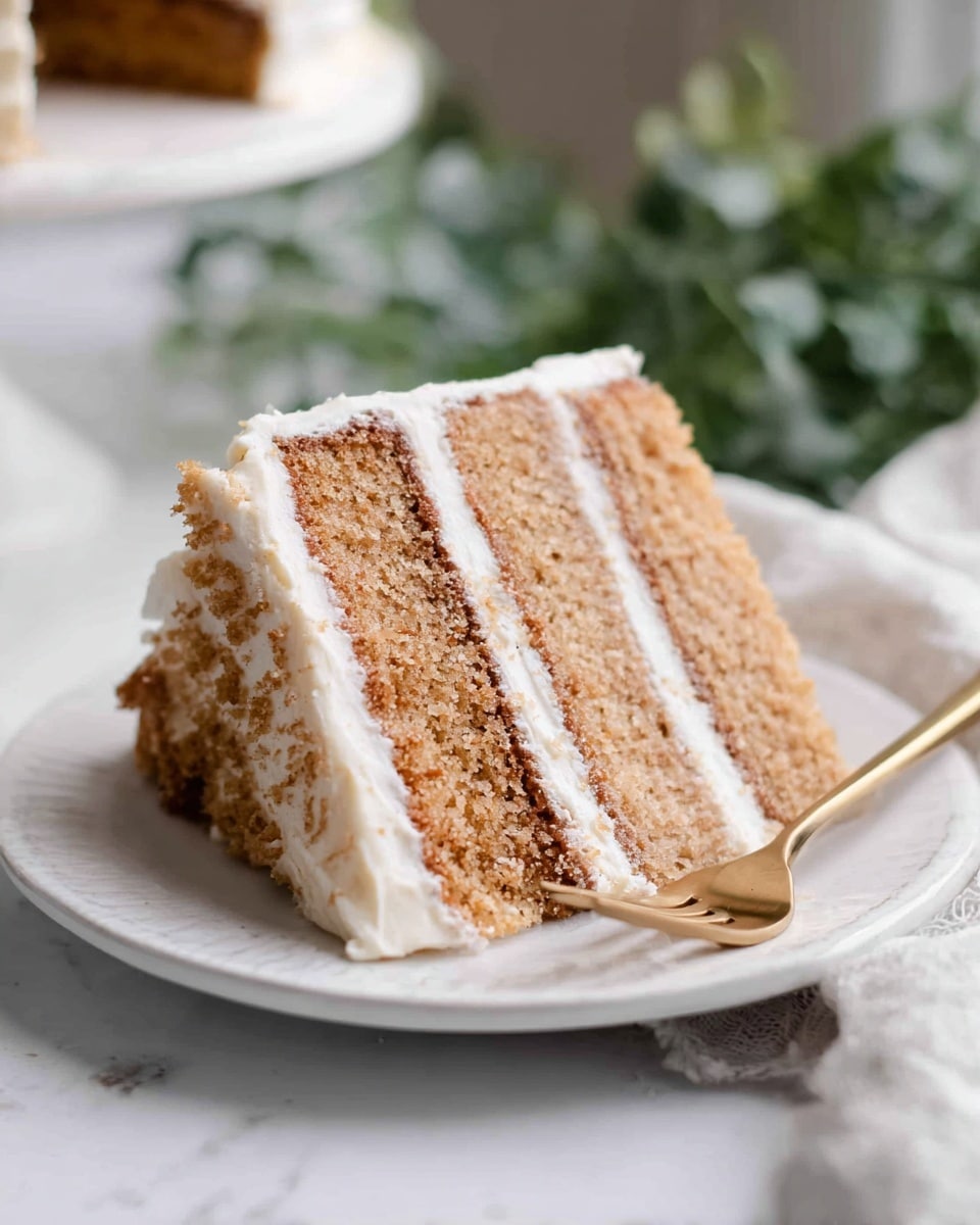 A slice of three-layer cake sits on a white plate with a gold fork beside it. The cake has moist, light brown layers filled and covered with creamy white frosting. The frosting appears smooth with some texture on the sides, and the cake edges are slightly crumbly. The plate is on a white marbled surface with soft green foliage blurred in the background. Photo taken with an iphone --ar 4:5 --v 7