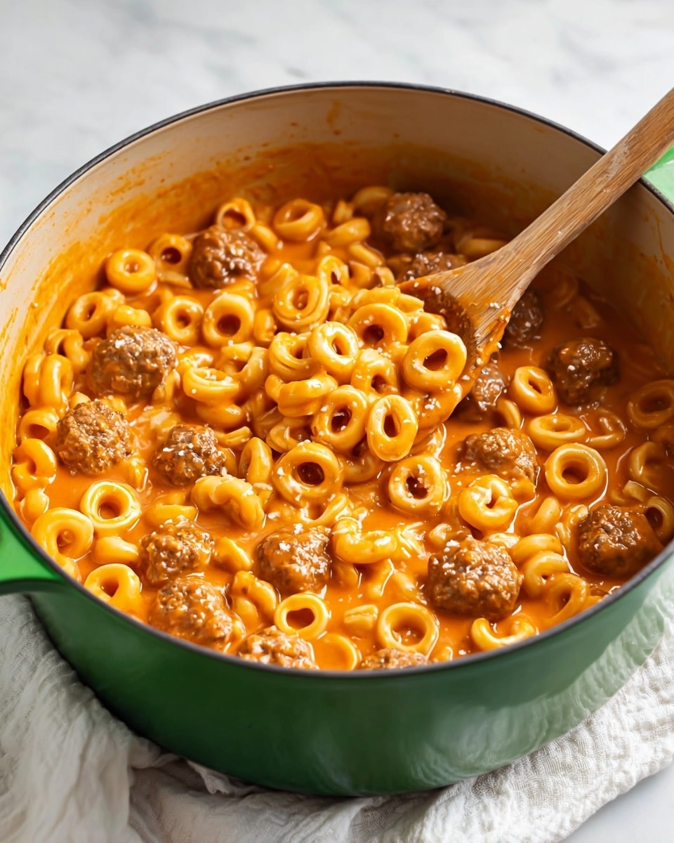 A green pot filled with a thick orange sauce holding small round pasta pieces shaped like rings and tiny brown meatballs evenly spread throughout. The pasta and meatballs are coated in a creamy tomato mixture, with a smooth texture visible on the sauce. A wooden spoon is placed inside the pot, partially lifting some of the pasta and meatballs. The pot sits on a white marbled surface with a soft white cloth in the background. Photo taken with an iphone --ar 4:5 --v 7