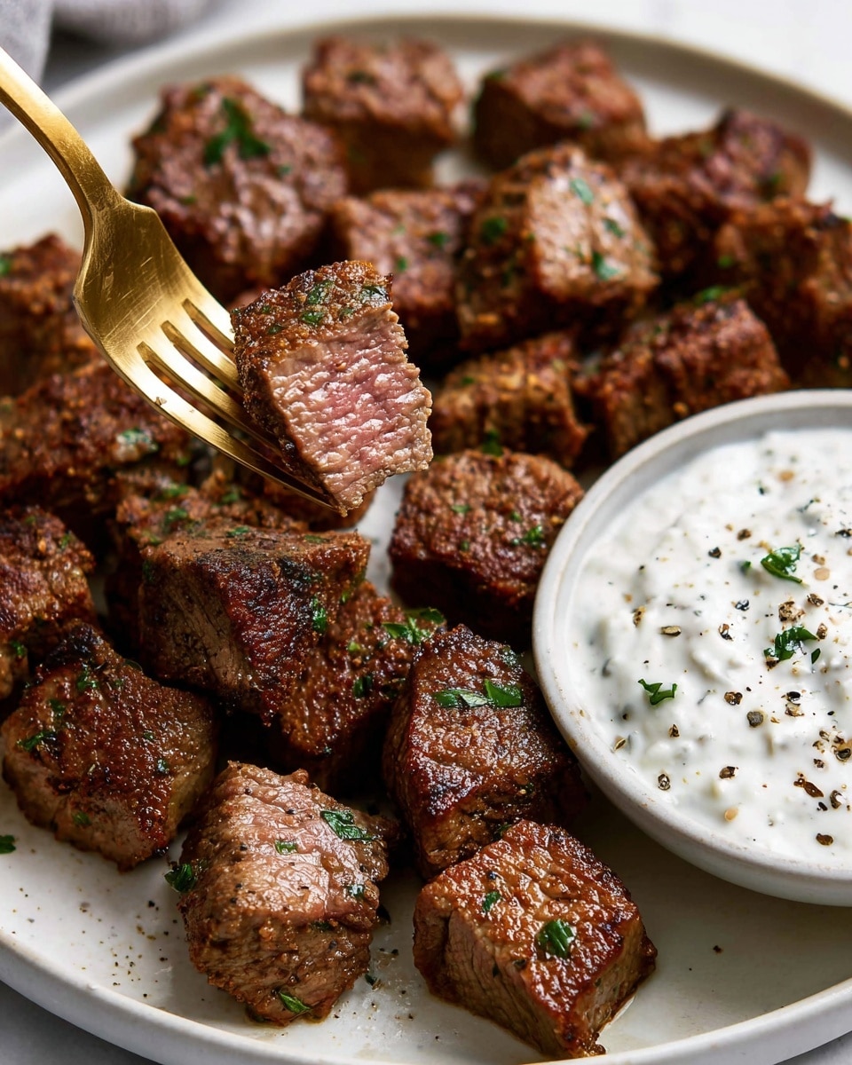 The image shows a white plate filled with many small cubes of cooked steak, each piece browned on the outside with a slightly pink center, seasoned with chopped green herbs. A gold fork is holding one cube of steak above the plate, showing its cooked texture inside. On the top right corner of the plate, there is a small white bowl filled with white creamy sauce sprinkled with black pepper and green herb bits. The plate is set on a white marbled surface. photo taken with an iphone --ar 4:5 --v 7