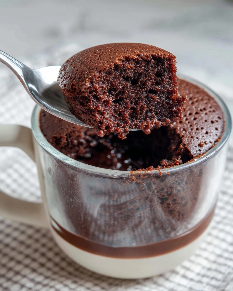 Two white mugs are filled with freshly microwaved chocolate mug cake, showing a soft, slightly cracked top layer with a rich brown color and spongy texture. The cake rises well above the rim of the mugs, with some cake batter residue around the edges. Near the mugs, there is a silver spoon with smooth chocolate spread on it and five colorful striped paper straws in blue, pink, yellow, black, and white scattered beside. Two metal spoons rest on a white cloth with a geometric pattern, all placed on a white marbled surface. The scene is bright and clean, with the focus on the warm, inviting chocolate cakes. Photo taken with an iphone --ar 4:5 --v 7