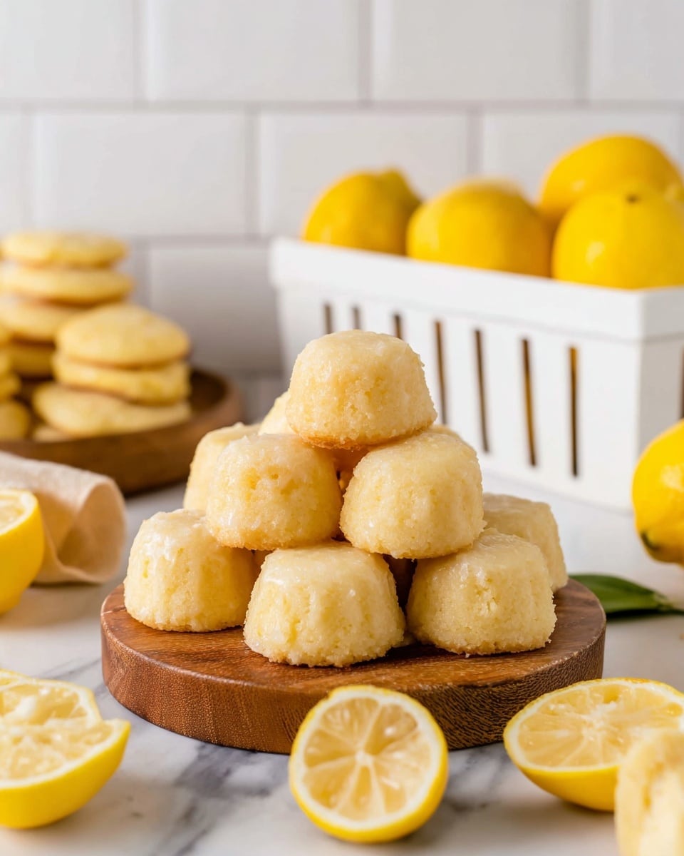 The image shows a wooden round board stacked with small lemon cakes arranged in a pyramid shape, each cake having a light yellow color and a slightly glazed, moist texture. Surrounding the board are whole bright yellow lemons and some lemon halves, placed on a white marbled surface. In the background, there's a white basket filled with lemons and more small lemon cakes stacked in a pile. The overall scene has a fresh and bright feel with a clean white tiled wall behind. photo taken with an iphone --ar 4:5 --v 7