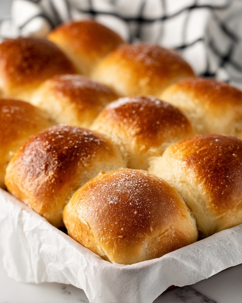 A close-up view of a tray filled with golden-brown bread rolls, each roll having a slightly different shape but all showing a soft, slightly shiny crust. The rolls are arranged tightly together in rows, resting on a white parchment paper that covers the tray. The surface of the rolls has a smooth texture with small cracks and a light dusting of flour or powder on top, showing a freshly baked look. The background is a white marbled texture, and a white and black checked cloth is partially visible in the upper right corner. photo taken with an iphone --ar 4:5 --v 7