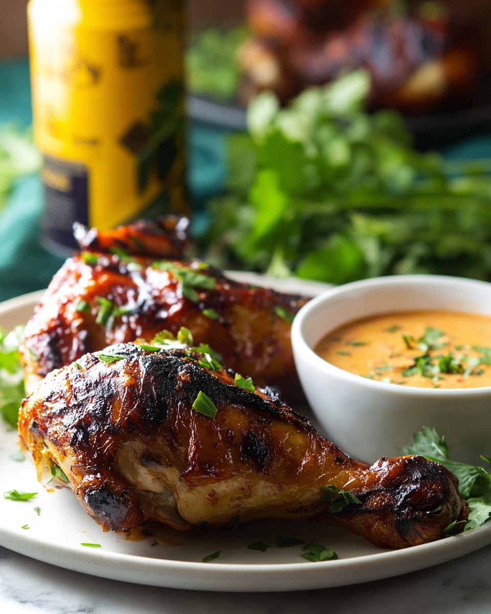 The image shows a close-up of two roasted chicken drumsticks on a white plate, placed on a white marbled surface. The chicken has a crispy, dark brown skin with slightly burnt spots, and is garnished with small green herbs scattered on and around the pieces. In the background, there is a small white bowl filled with a creamy orange dipping sauce topped with green herbs. The setting is styled with blurred green leafy herbs and a tall can with yellow and dark colors behind the plate, adding depth to the scene. photo taken with an iphone --ar 4:5 --v 7