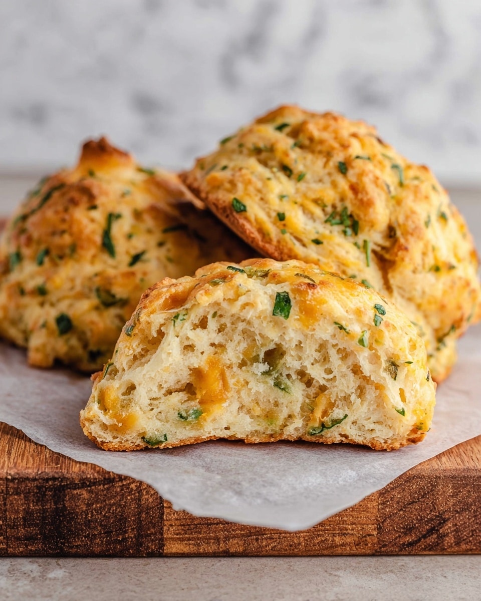 The image shows two biscuit halves in the front with a soft, crumbly texture, light brown inside with bits of green herbs and melted cheese throughout. Behind them, two whole biscuits with a slightly golden crust and a rough surface dotted with green herbs and cheese bits rest on white parchment paper laid over a wooden board. The background has a white marbled texture. photo taken with an iphone --ar 4:5 --v 7