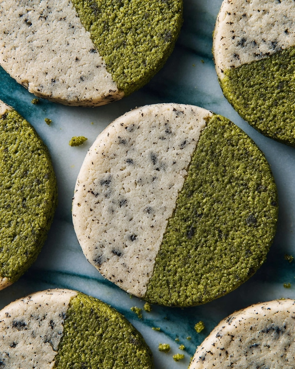 The image shows round cookies that have two main color sections, with a diagonal line dividing them. One section is a light grayish color with small black specks, showing a cracked, crumbly texture. The other section is a solid green color with a rough, crackled surface. The cookies are placed on a white marbled texture surface, arranged close together with some cookie crumbs scattered around. Photo taken with an iphone --ar 4:5 --v 7