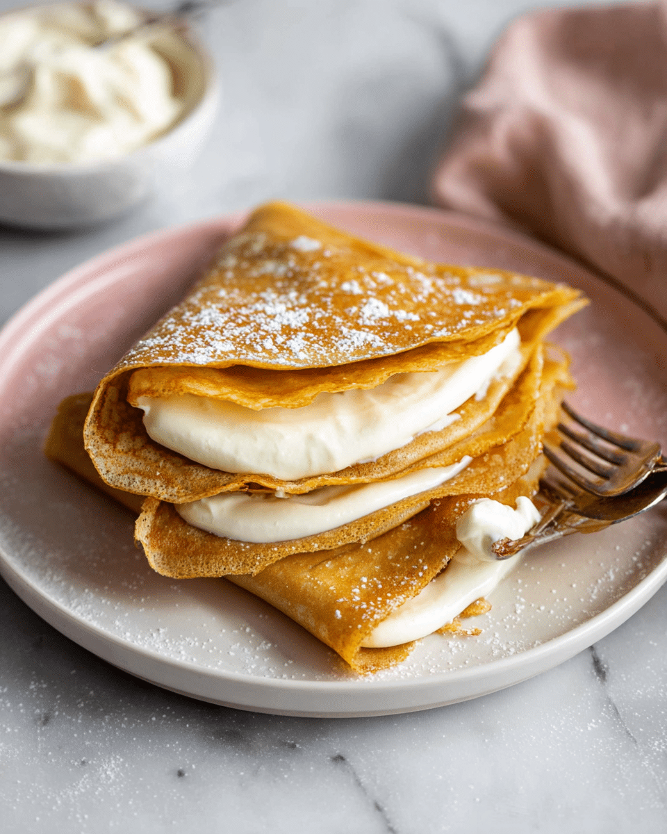 A stack of three folded golden-brown crepes with a smooth, creamy white filling layered evenly between each one, sitting on a white plate with a pink section visible. The top crepe is slightly glossy and dusted with a small amount of powdered sugar. A fork is holding a small rolled piece of crepe with creamy filling at the edge. In the background, part of a white bowl with more cream can be seen on a white marbled surface. photo taken with an iphone --ar 4:5 --v 7