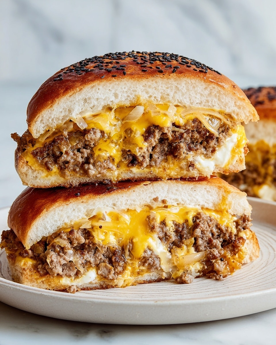 A close-up view of a sandwich cut in half and stacked, showing three main layers: a soft, golden-brown toasted bun top sprinkled with black sesame seeds; a thick middle layer of melted creamy yellow cheese blending into a juicy, crumbled ground meat patty mixed with light brown grilled onions; and a bottom layer of white, fluffy bread. The sandwich sits on a white plate with a subtle textured pattern, all set against a white marbled surface. Photo taken with an iphone --ar 4:5 --v 7