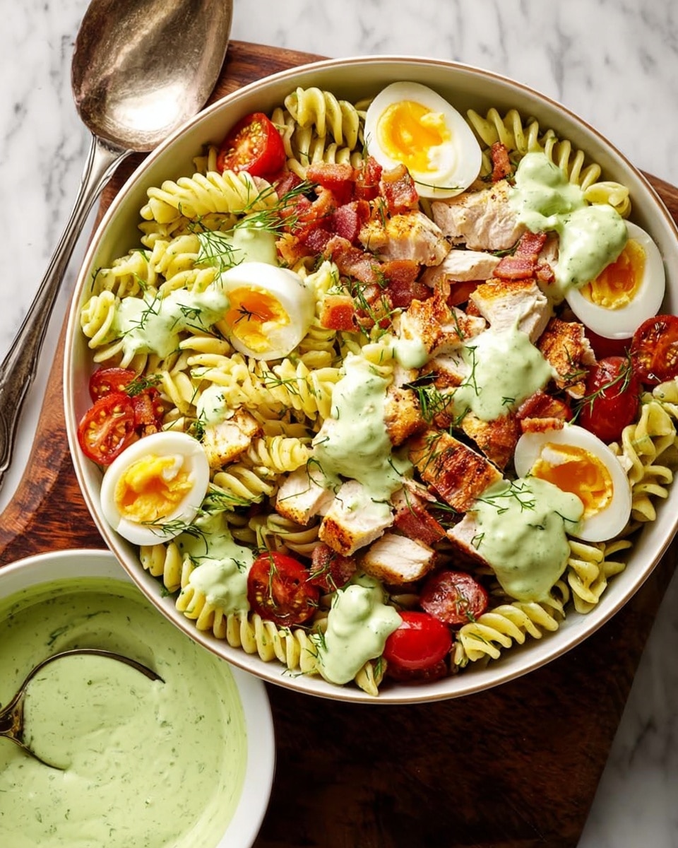 A white bowl is filled with three layers of food: the bottom layer is light green spiraled pasta, the middle layer has red cherry tomatoes cut in half and small chunks of golden-brown grilled chicken, and the top layer includes chopped crispy brown bacon pieces, quartered boiled eggs with bright orange yolks, and dollops of pale green creamy sauce spread across. Sprigs of fresh green herbs are scattered over the dish. Next to the bowl is a white bowl with more creamy green sauce, and part of a silver spoon. The whole setup rests on a white marbled surface. photo taken with an iphone --ar 4:5 --v 7