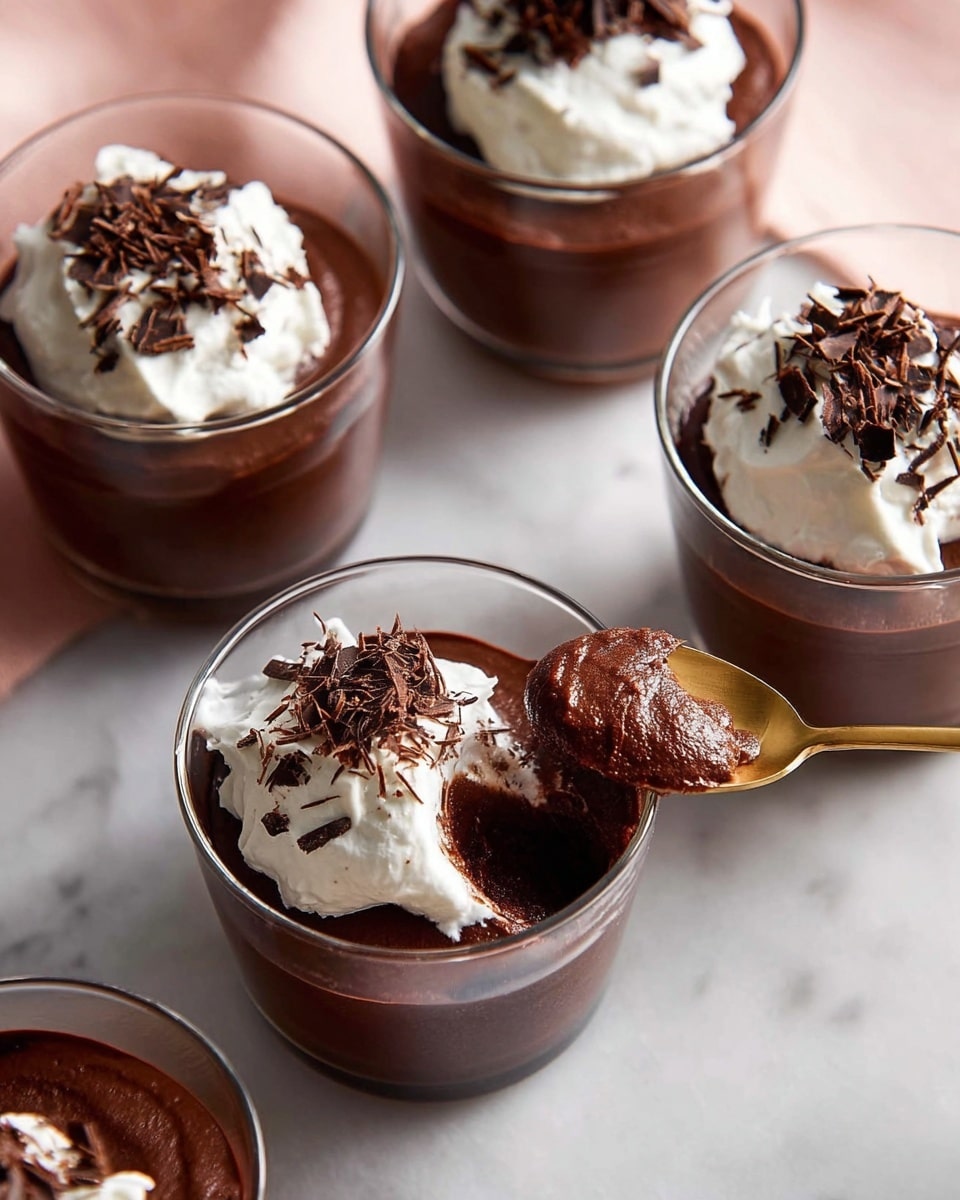 There are five clear glass cups filled with dark, smooth chocolate mousse. Each cup has one layer of thick, glossy dark brown mousse as the base. On top of the mousse is a dollop of white whipped cream, soft and fluffy in texture. The whipped cream is sprinkled with thin dark chocolate shavings, adding a textured, slightly rough look on top. One cup has a gold spoon inside, lifting a spoonful of the mousse and cream. The cups are placed on a white marbled surface which contrasts softly with the rich colors of the dessert. Photo taken with an iphone --ar 4:5 --v 7