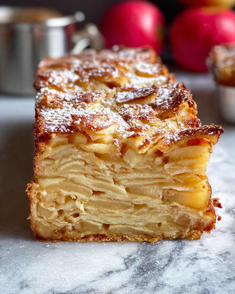 A rectangular apple cake with a golden-brown top layer filled with thin, overlapping slices of baked apple, showing a slightly crispy, caramelized texture; the edges are deeper brown, giving a crunchy look, while the inside looks moist and soft with lighter yellow tones underneath the apple slices; the cake rests on a silver cooling rack on a white marbled surface with a blue textured towel partially visible on the left side. photo taken with an iphone --ar 4:5 --v 7