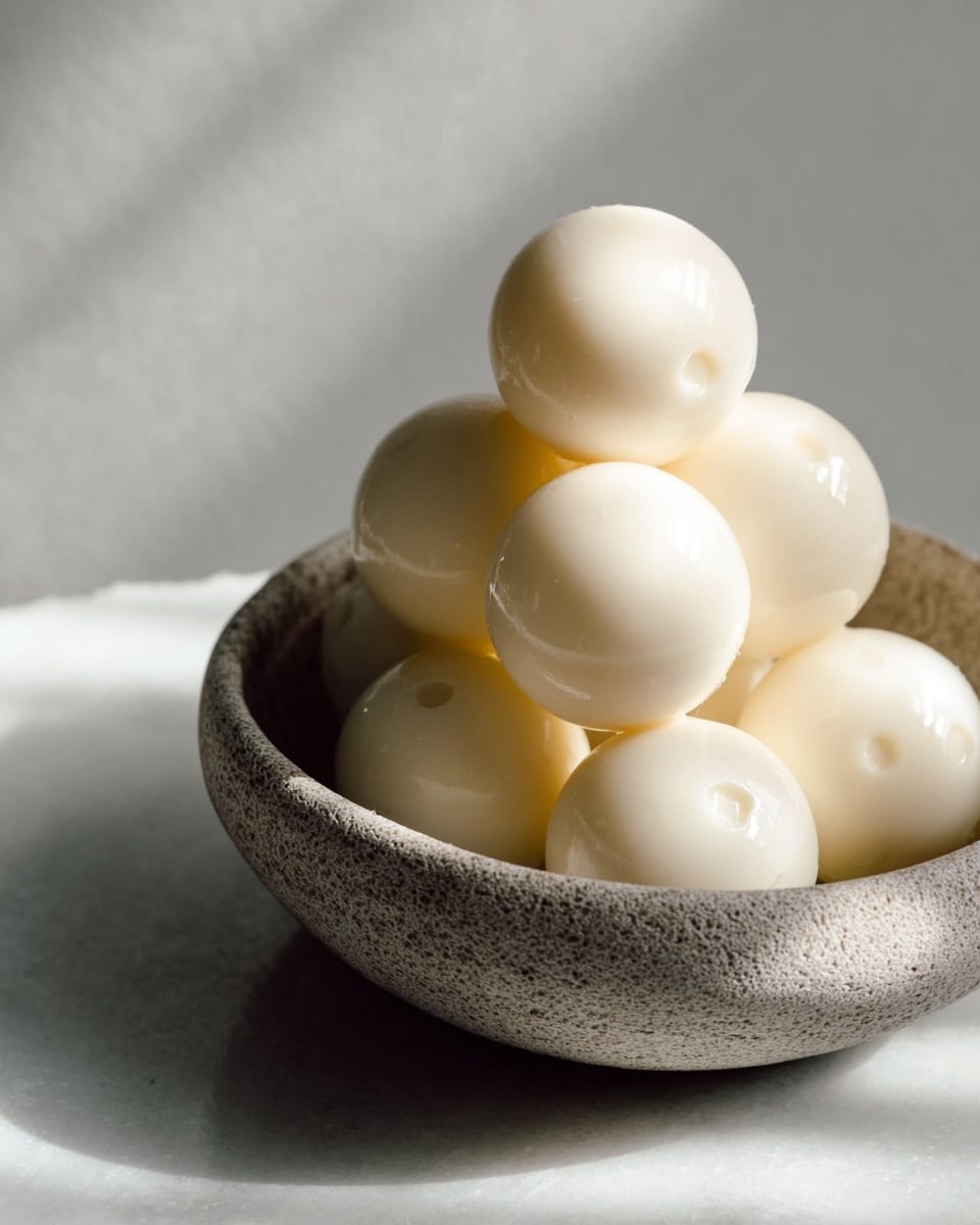 A bowl with a rough texture holds a stack of seven smooth, creamy white spheres arranged in a small pyramid shape. Each sphere has a small round indent on top. The bowl is placed on a white marbled surface, and soft light creates gentle shadows that highlight the shiny, smooth texture of the spheres. photo taken with an iphone --ar 4:5 --v 7