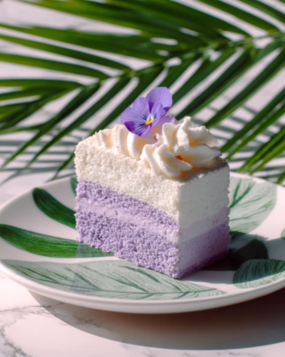 A slice of cake with three layers sits on a white plate with a green leaf pattern. The two bottom layers are light purple and smooth, while the top layer is white and creamy with soft swirls. On top of the white layer, there is a small purple flower placed in the center. The background shows a white marbled texture with a green palm leaf shadow creating a tropical feel. Photo taken with an iphone --ar 4:5 --v 7
