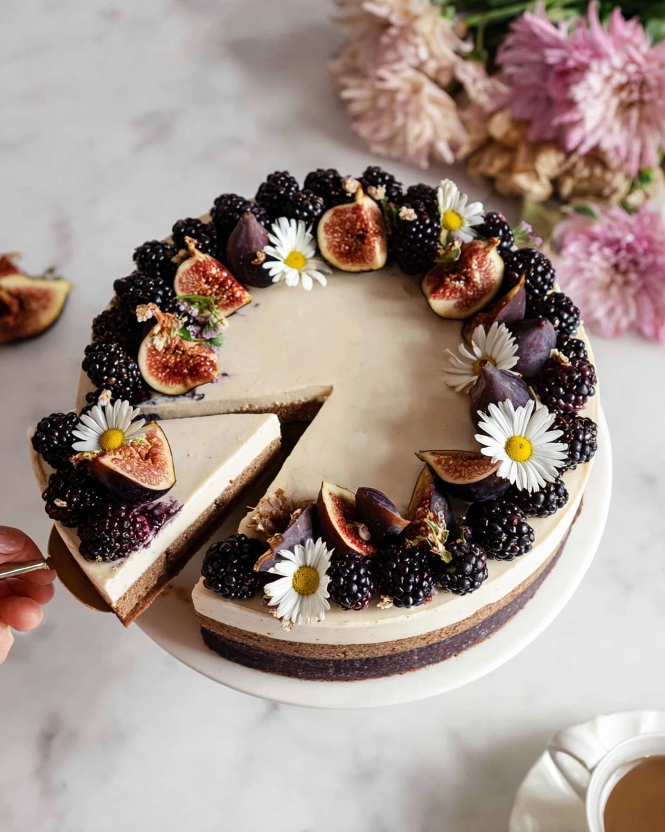 A round cake with three visible layers: the bottom layer is dark brown, the middle layer is a slightly lighter brown, and the top layer is creamy white and smooth. The cake is topped with a ring of fresh blackberries and halved figs, their deep purple and dark red tones contrast with the cream top. Small white daisy flowers with yellow centers are scattered between the fruits. A slice is cut out, with the slice being held up by a woman's hand, showing the clean layers clearly. The cake is on a white plate on a white marbled surface. Soft pink flowers are in the background, and a white cup and saucer are partially visible at the bottom right. Photo taken with an iphone --ar 4:5 --v 7