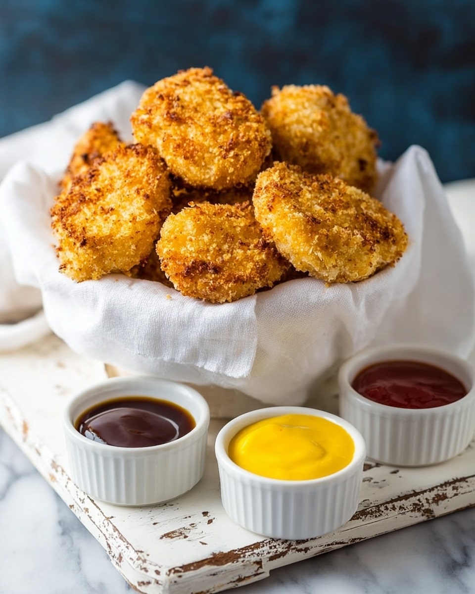 A white basket lined with a white cloth holds about ten golden-brown crispy chicken nuggets, each having a rough, crunchy breadcrumb coating. The nuggets are piled high, showing their textured, uneven surfaces with some darker toasted spots. In front of the basket, on a worn white wooden board with chipped paint, are three small white ramekins filled with different sauces: one is dark brown and glossy, the second is bright yellow and creamy, and the third is partially visible with a red sauce. The scene has a white marbled texture surface underneath and a dark blurred background. photo taken with an iphone --ar 4:5 --v 7