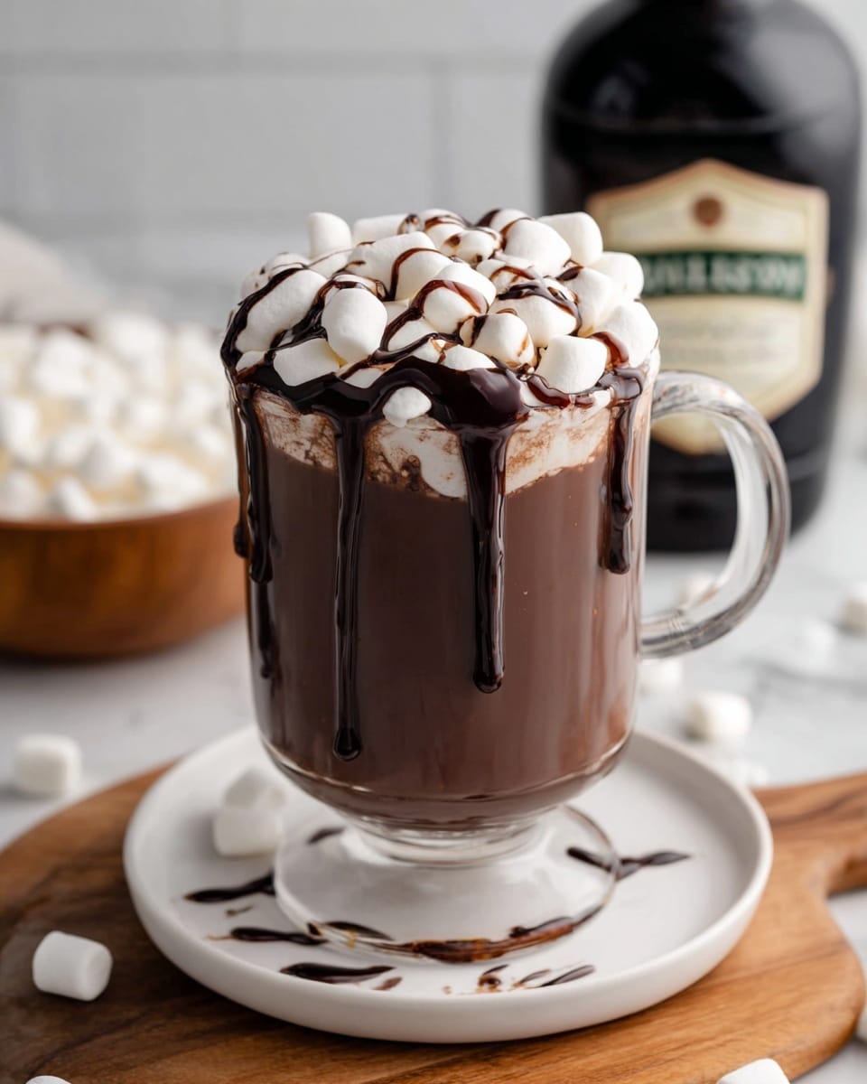 A glass mug filled with smooth, dark brown hot chocolate as the base layer, topped with a thick layer of small, white marshmallows covering the surface. Dark chocolate syrup is drizzled over the marshmallows, some dripping down the sides of the mug. The mug sits on a white plate, which is placed on a wooden board on top of a white marbled surface. In the background, a dark bottle with a label and a wooden bowl filled with more white marshmallows are slightly blurred. A few marshmallows are scattered around the board and surface. Photo taken with an iphone --ar 4:5 --v 7