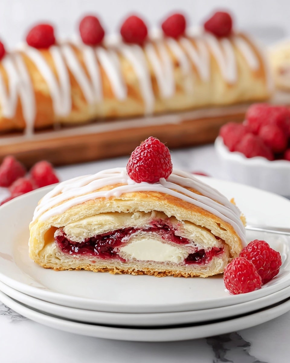 A slice of a raspberry and cream cheese-filled pastry is placed on a white plate with another plate underneath, showing three main layers: a golden brown outer dough with a soft texture, a thick white creamy layer in the middle, and a rich red raspberry jam layer above the cream cheese. The top of the pastry slice has white icing drizzled on it and a fresh red raspberry sitting on top. In the background, there is a longer, whole pastry roll with white icing drizzles and several fresh raspberries on top, all set on a white marbled texture. Photo taken with an iphone --ar 4:5 --v 7