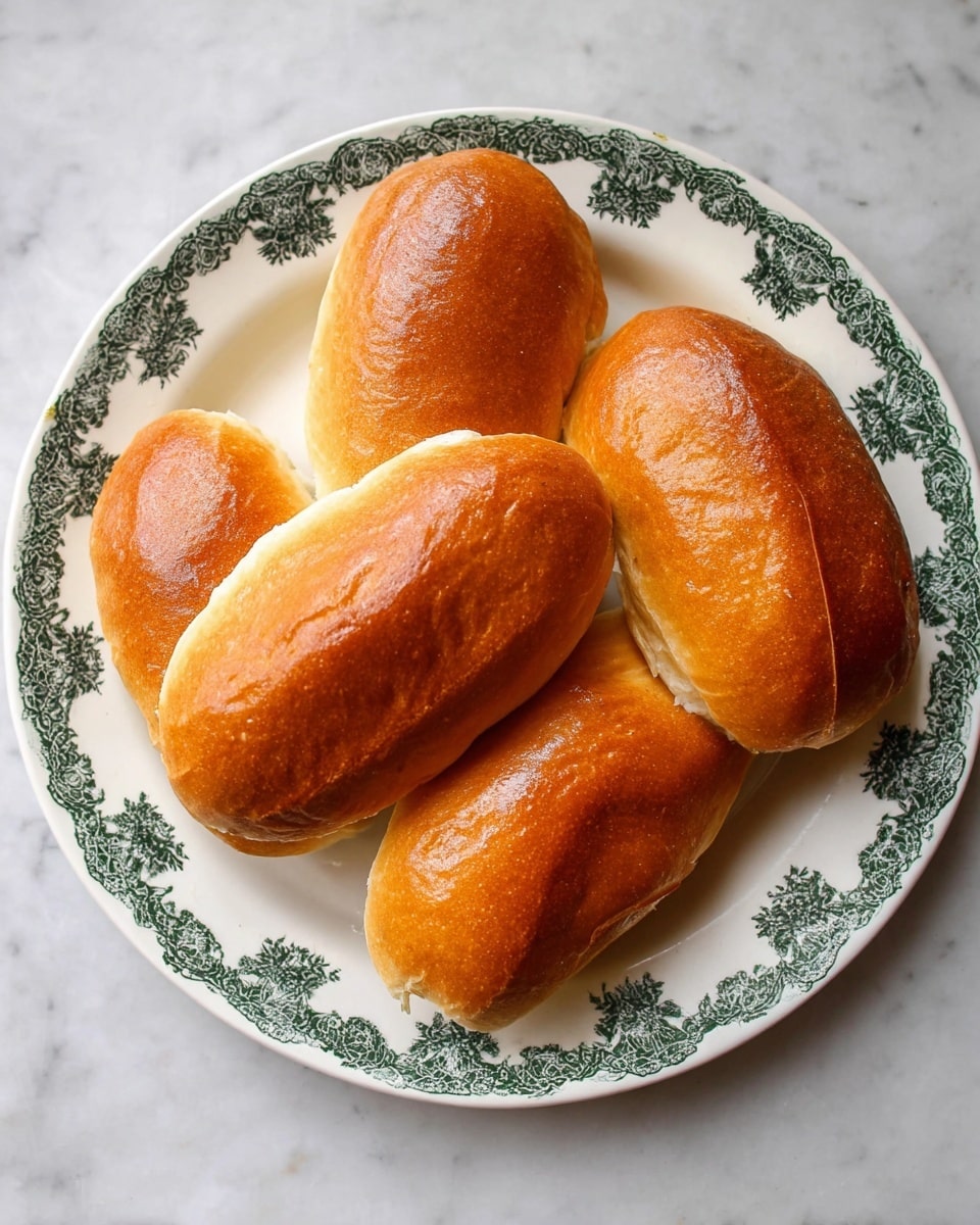 Four golden brown bread rolls with a smooth, shiny crust and slight creases lie closely together on a white plate with dark green floral and scroll patterns around the rim. The bread rolls have soft, rounded edges and a slight indentation running lengthwise down the center. The plate sits on a white marbled surface. photo taken with an iphone --ar 4:5 --v 7