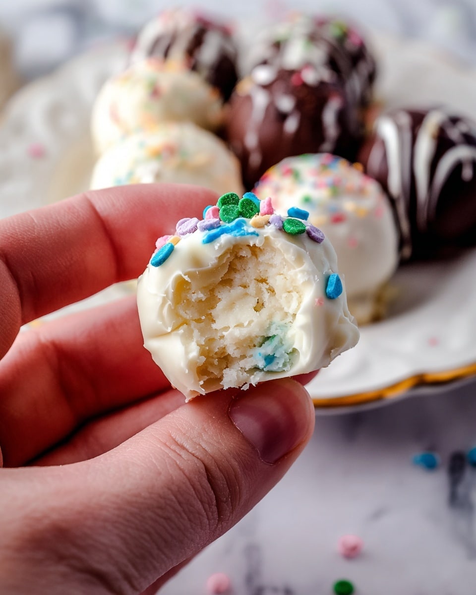 A close-up of a woman's hand holding a half-eaten round treat covered in white frosting with colorful round sprinkles on top; inside, the treat shows a soft, light-colored creamy texture with faint bits of blue and green. In the background, there is a white plate with a gold trim holding several other truffles in different coatings - some dark brown with white drizzle, and one white with multi-colored sprinkles. The surface below is a white marbled texture. photo taken with an iphone --ar 4:5 --v 7