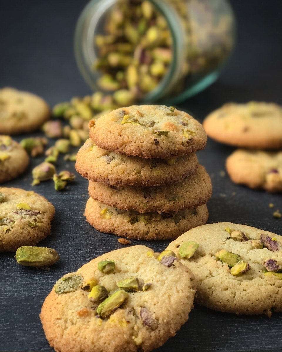 A stack of six golden brown cookies with a slightly rough and crumbly texture sits on a white marbled surface. The cookies show small green pistachio pieces and darker chocolate chips scattered throughout, giving varied color spots of green and deep brown in the light golden dough. To the right of the stack, a small pile of loose pistachio nuts and two more cookies lie flat on the surface, showing the cookies’ thin and slightly crisp edges. The background is simple and light with white marble texture, emphasizing the warm tones of the cookies. photo taken with an iphone --ar 4:5 --v 7